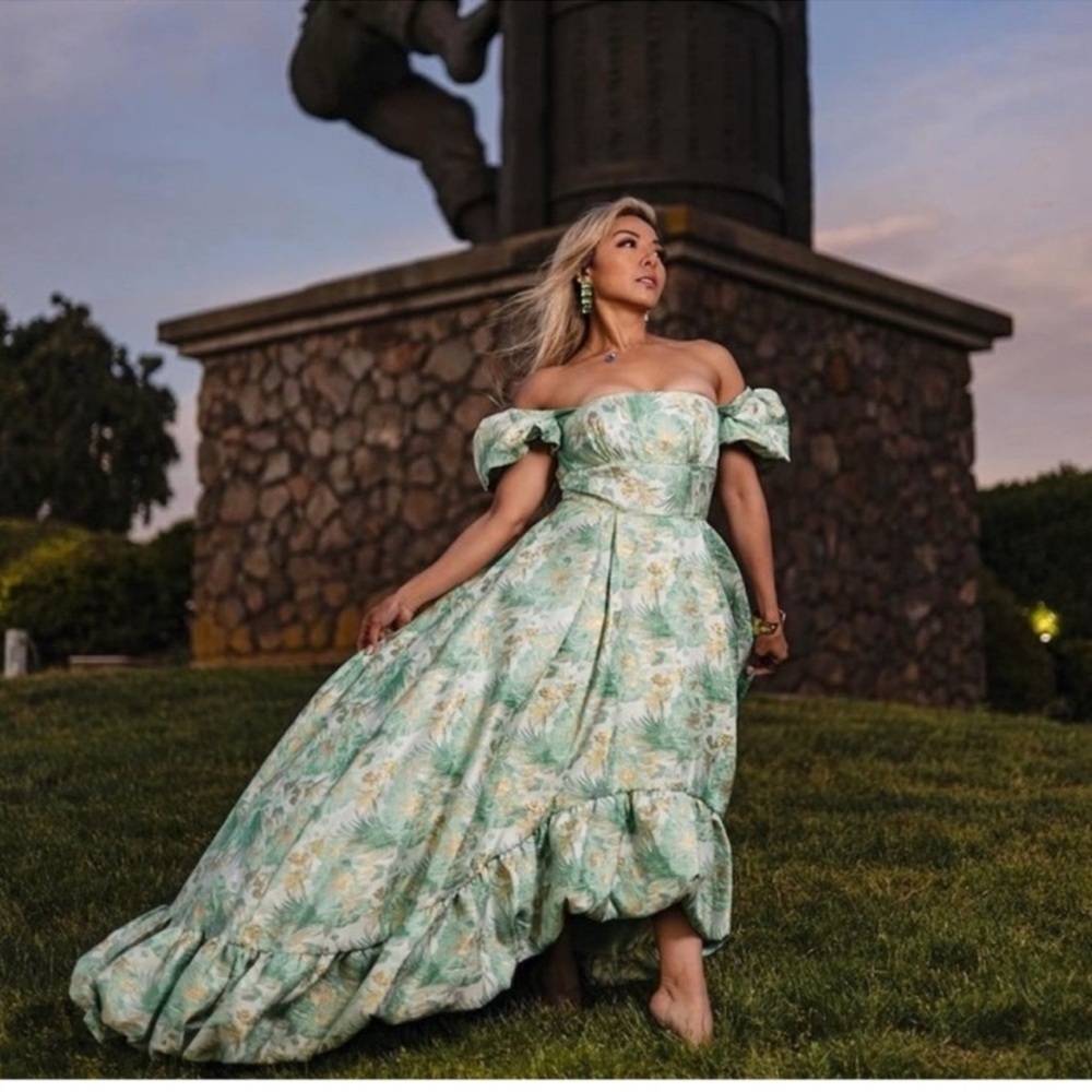 Mac Duggal Floral Brocade High-Low Dress with Puff Sleeves & Square Neckline